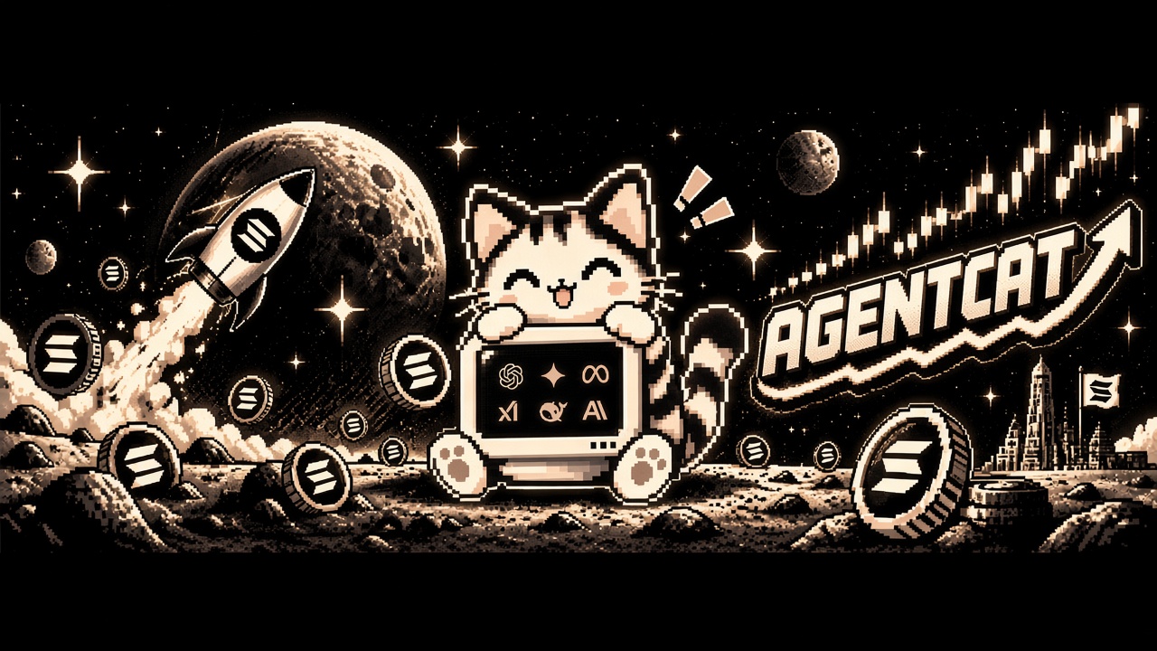 AGENTCAT the pixel cat on the moon, holding a terminal full of agents, beside a rocket and a climbing chart