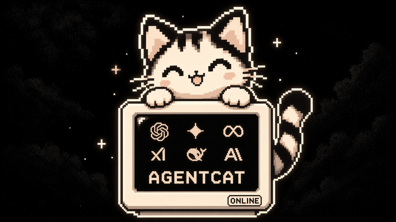 AGENTCAT peeking over a terminal that reads AGENTCAT and ONLINE