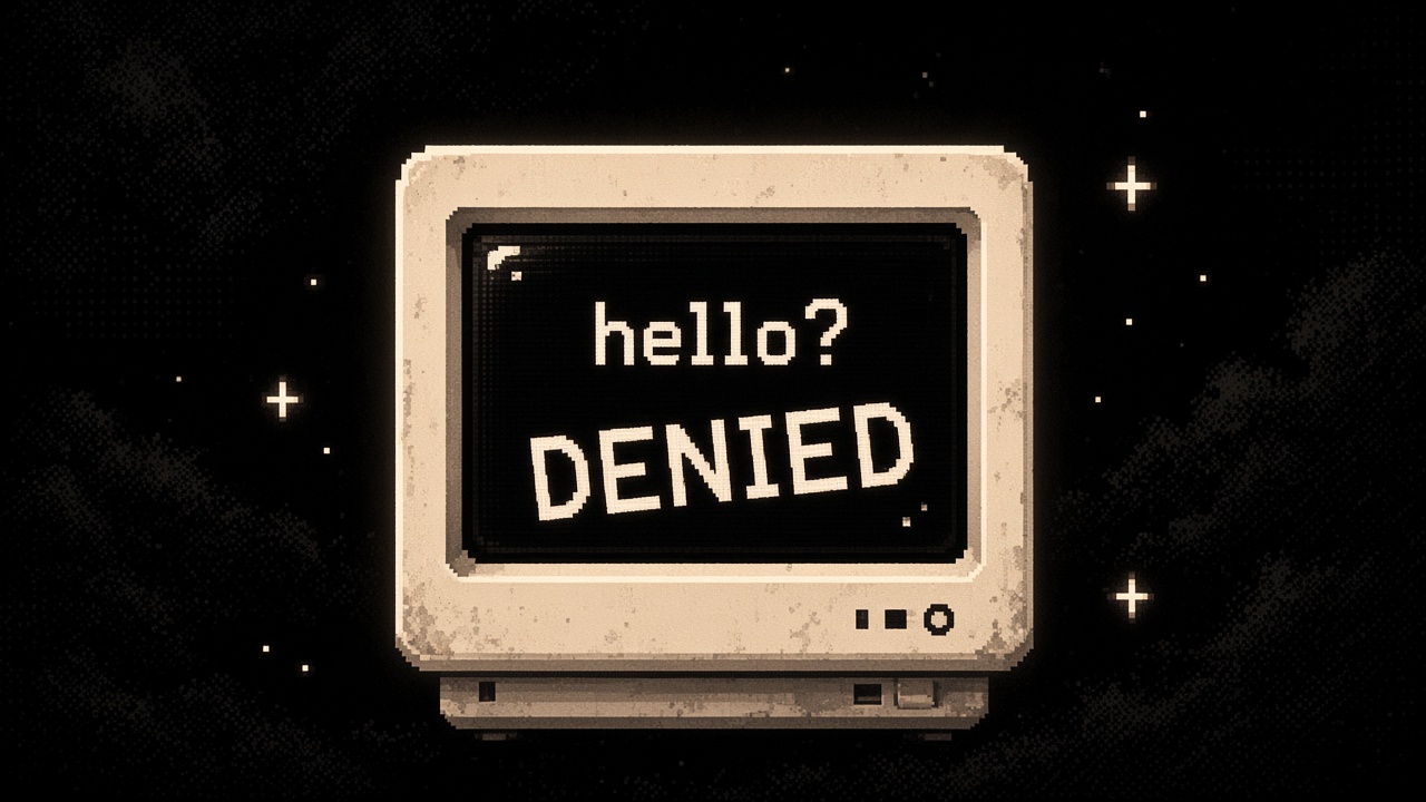 An old pixel monitor that says hello? and DENIED