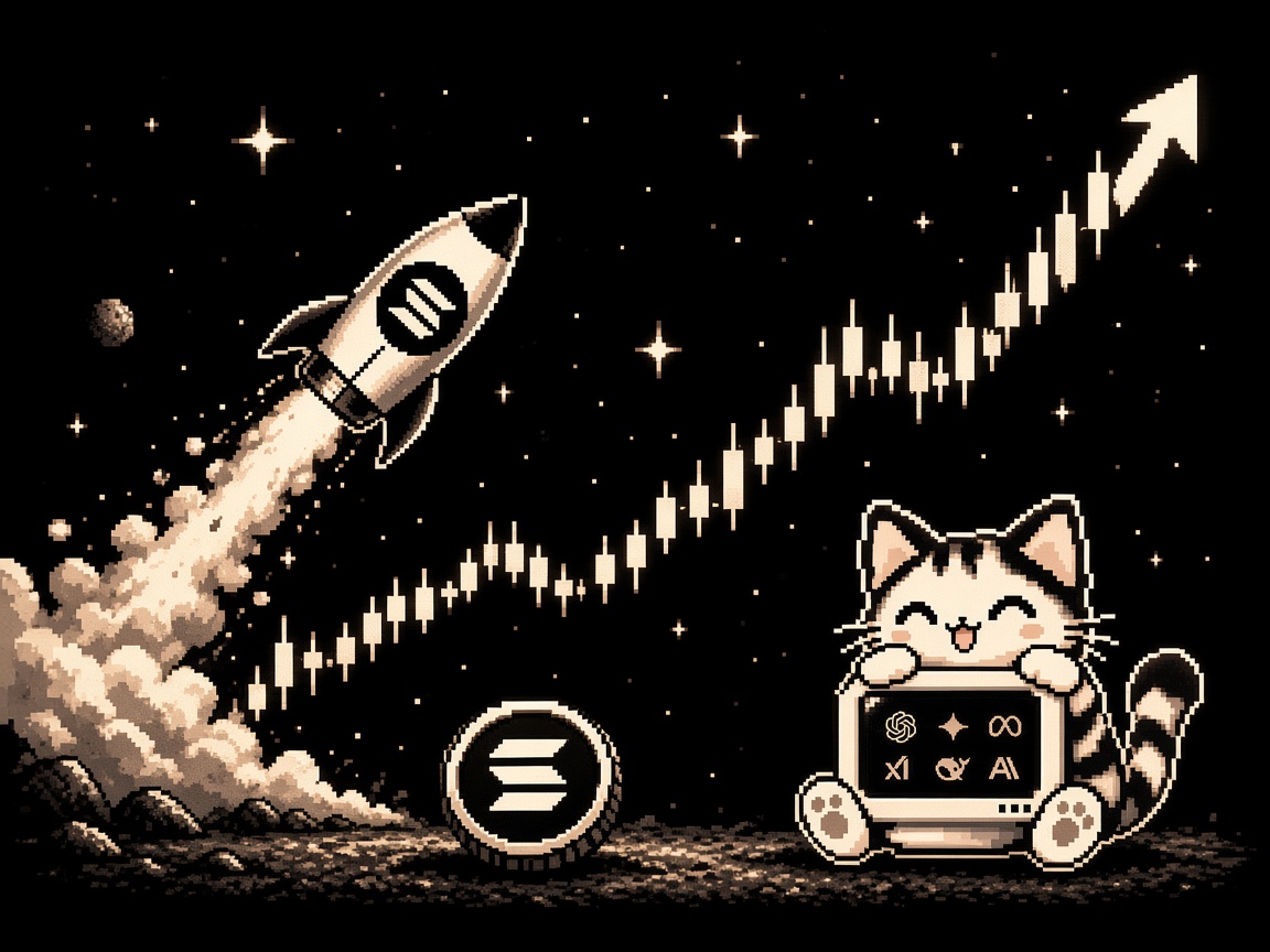 A pixel chart climbing into an arrow, a rocket lifting off, and AGENTCAT holding the terminal