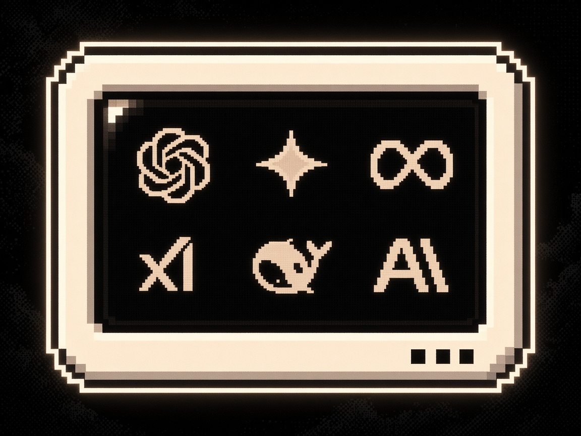 Six pixel marks on a glowing screen: a spiral, a spark, an infinity, x1, a bird, and AI